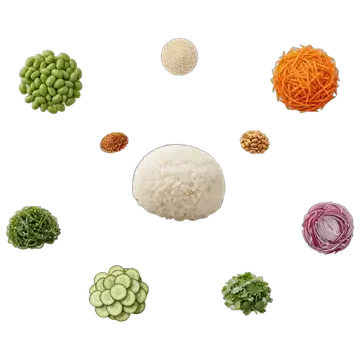 Compose ton poké : les ingrédients, puis des pokés composés avec