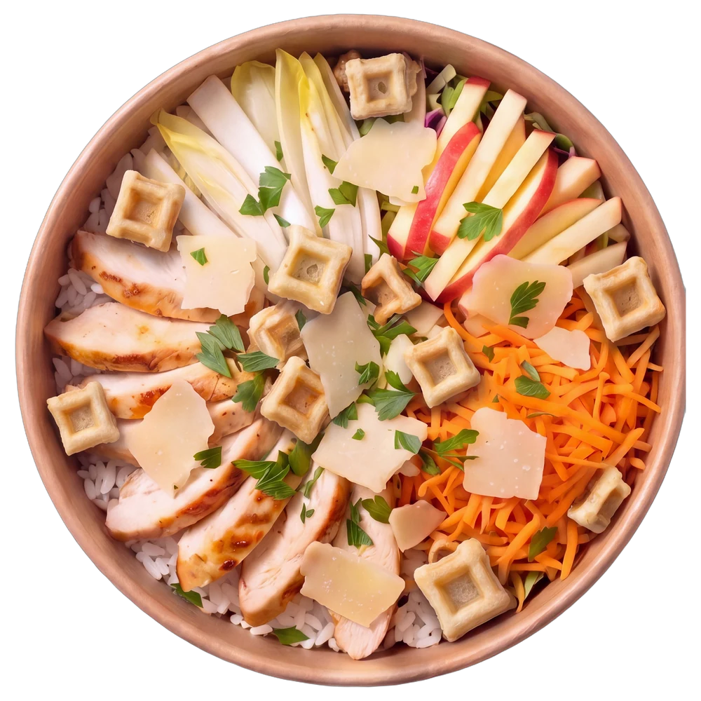 Poké d’octobre : Poulet grillé, chicon, pomme. Croûtons de gaufre de Bruxelles et vinaigrette au sirop de Liège.