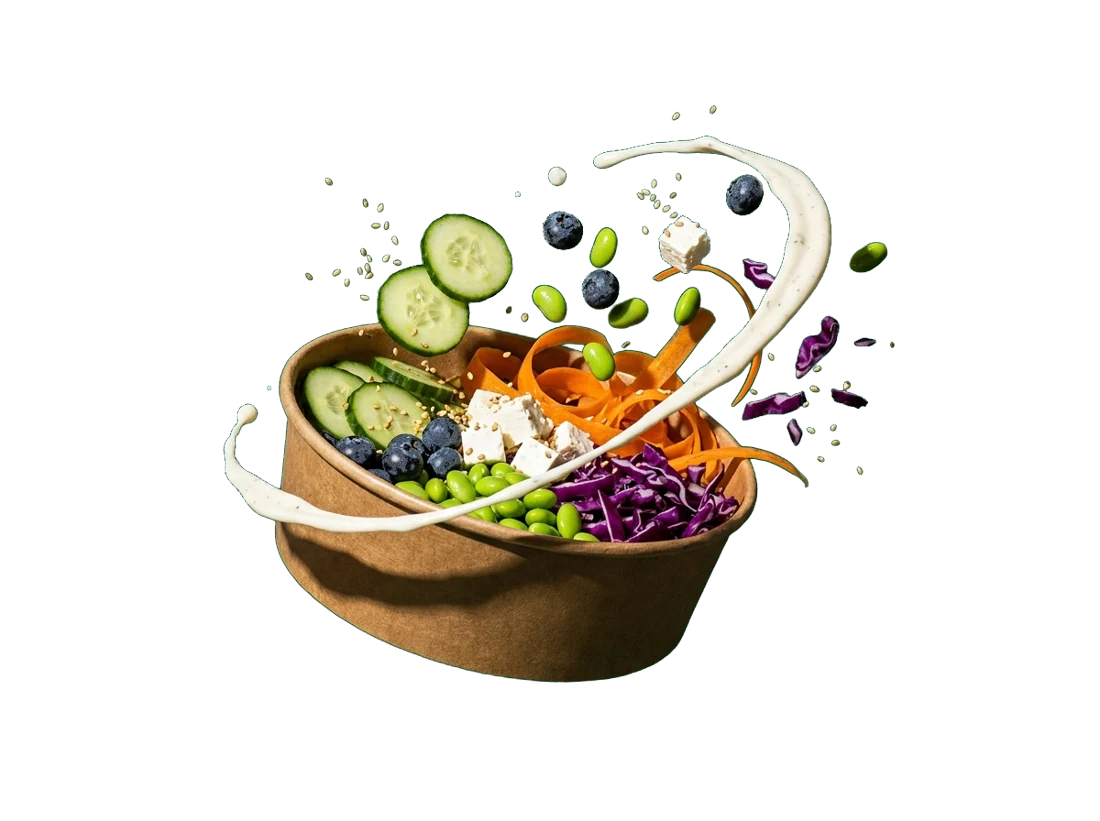 Un poké bowl Poké Do saisi en vol, ses ingrédients en suspension